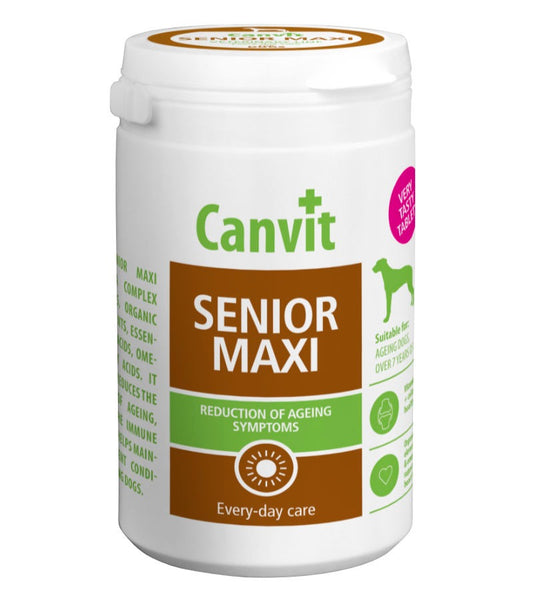 A bottle of Canvit Senior MAXI, a supplement for medium and large dogs, with information on the label indicating its purpose for the reduction of aging symptoms and support for senior dogs.